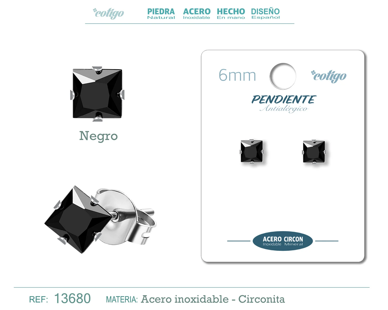 PENDIENTE CIRCONITA CUADRADO-NEGRO-6MM-BASE ACERO PLATEADO