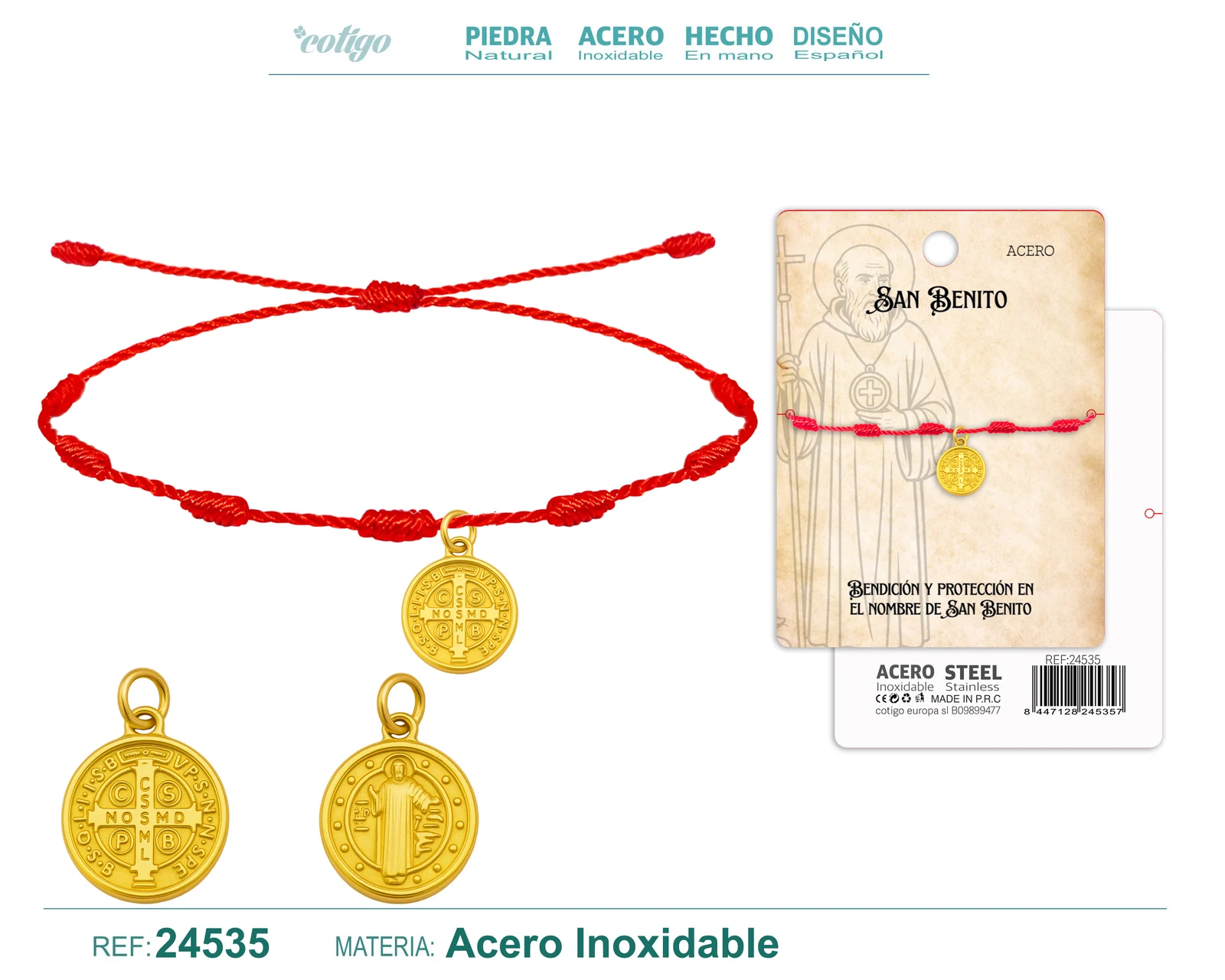 PULSERA 7 NUDOS CON SAN BENITO ACERO DORADO