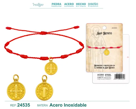 PULSERA 7 NUDOS CON SAN BENITO ACERO DORADO