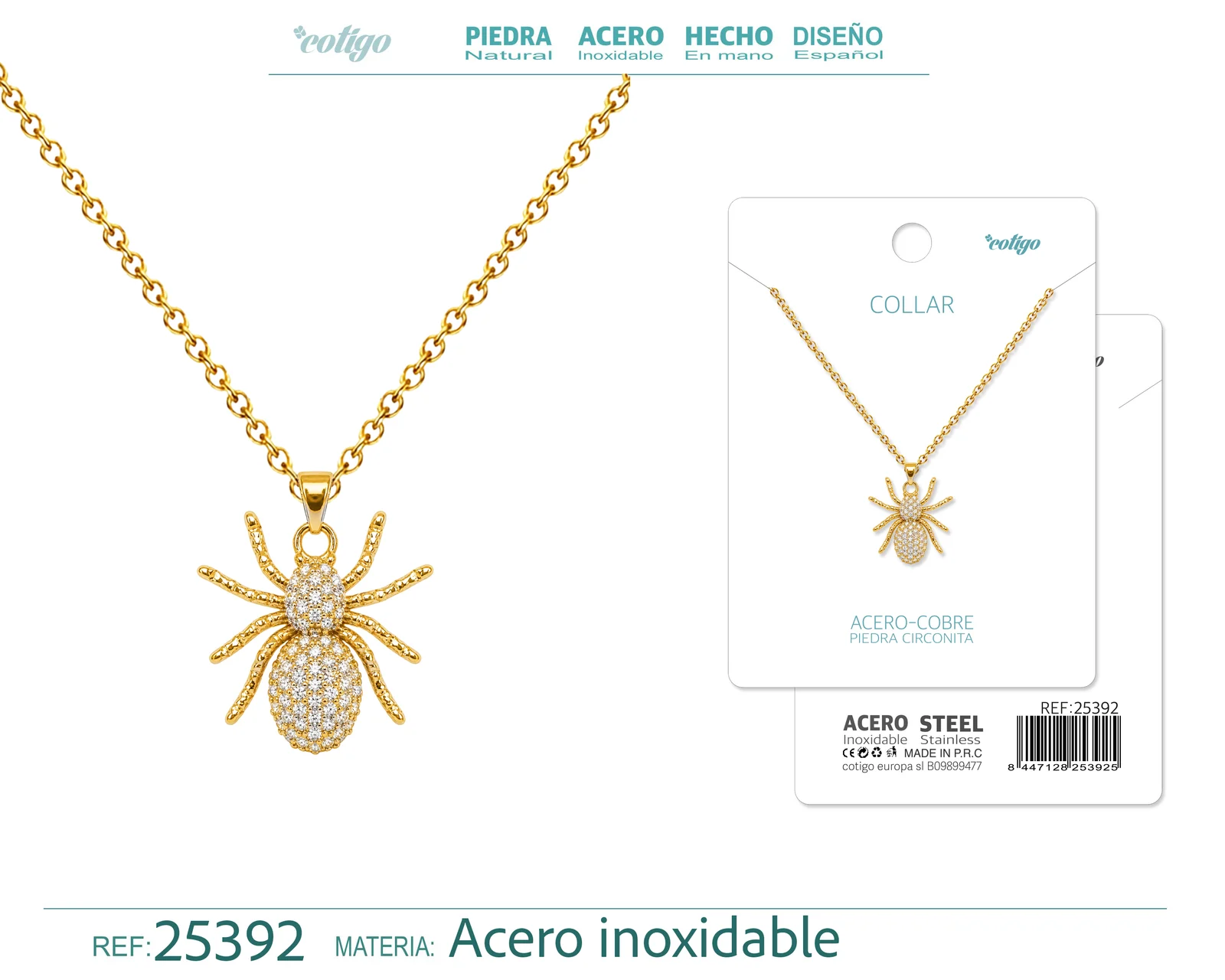 Colgangte Cobre con Circonita Colar Dorado y Cadena Acero
