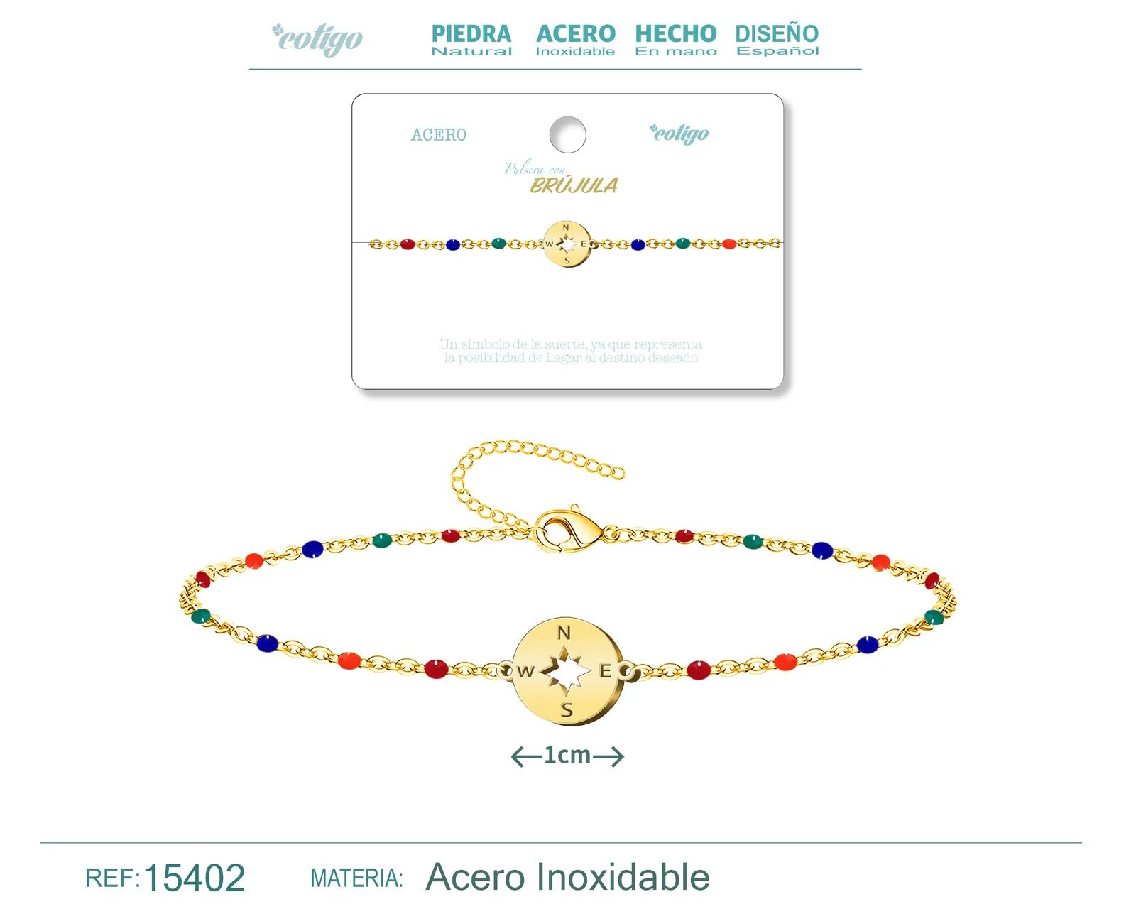 PULSERA ACERO MULTICOLOR CON BRÚJULA
