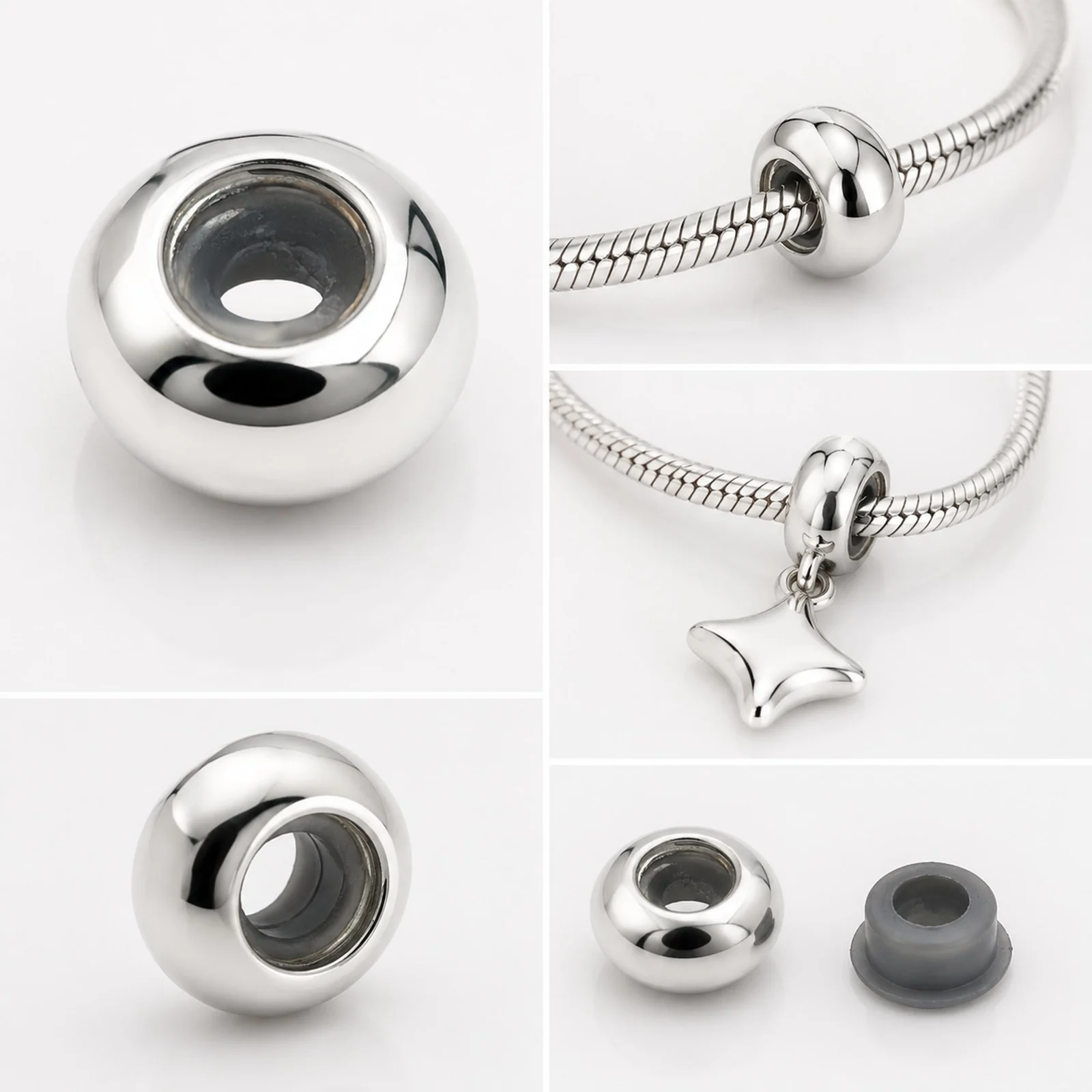 BOLA PLANO 6MM ACERO PLATEADO CON GOMA PARA FIJAR CHARM EN CADENA DE SERPIENTE