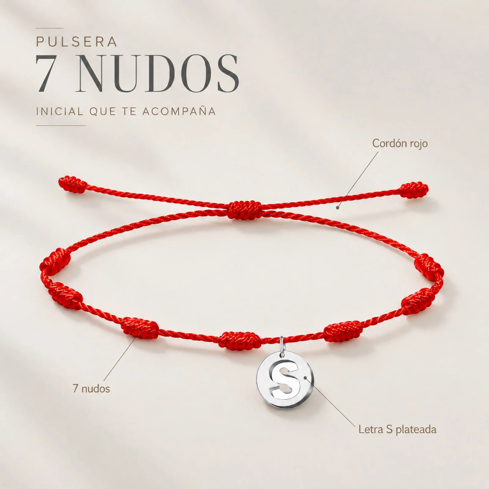 PULSERA 7 NUDOS CON LETRA S COLOR PLATEADO