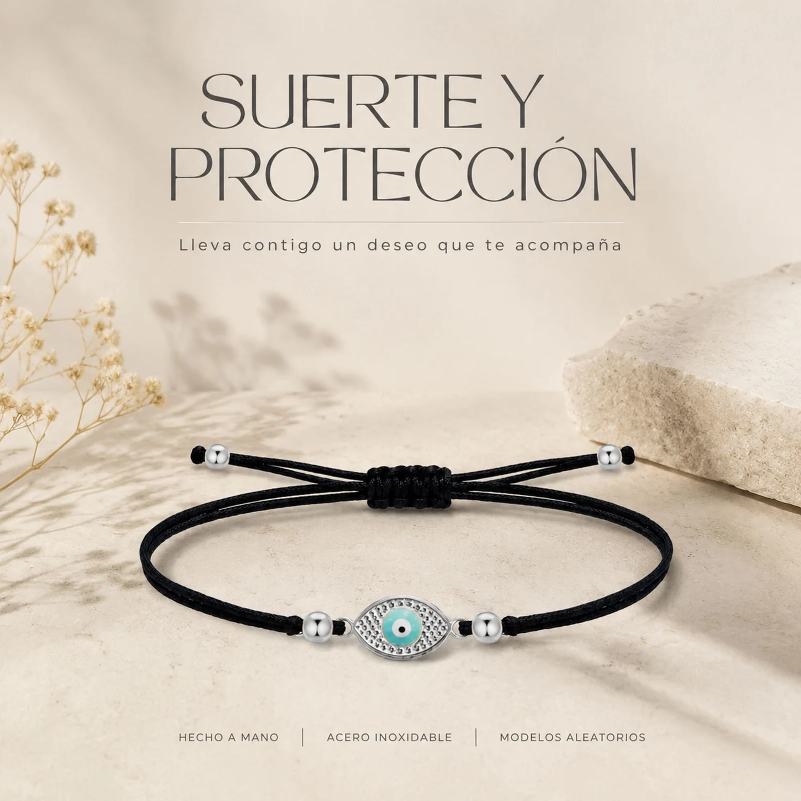 Pulsera Hilo encerado Negro CON OJO TURCO Plateado