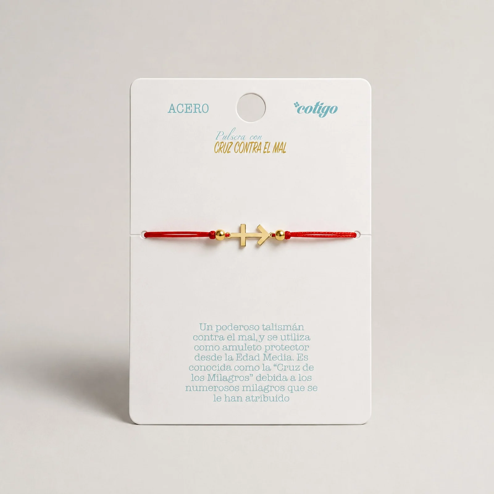 PULSERA CRUZ CONTRA EL MAL DORADO DE HILO EN.ROJO
