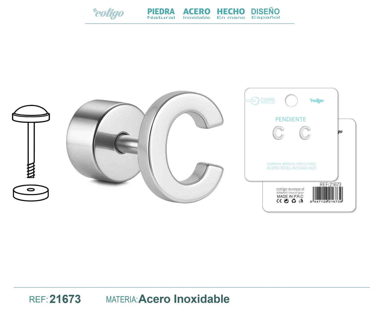 PENDIENTE ACERO  LETRA C COLOR PLATEADO CON CIERRE ROSCA
