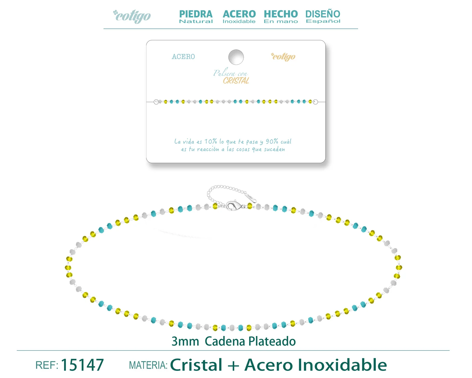 PULSERA ACERO COLOR PLATEADO CON BOLA CRISTA