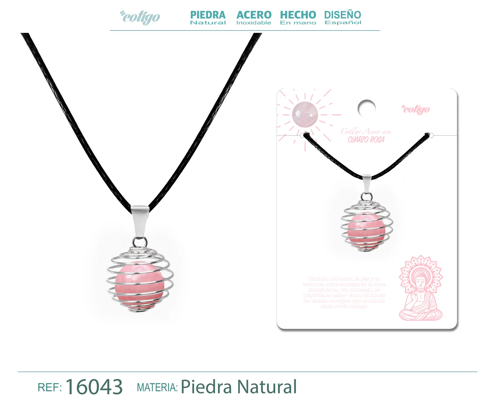 COLGANTE DE CUARZO ROSA 14MM CON ACESORIO DE ACERO