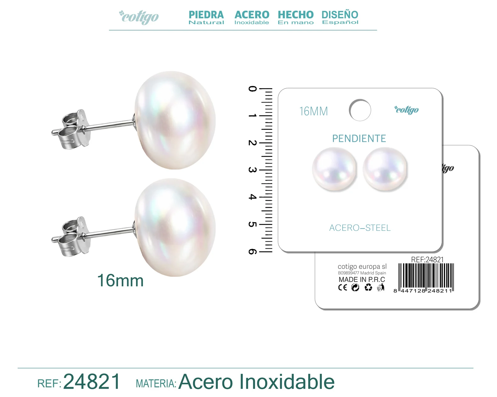 PENDIENTE DE PERLA OVLADA  16MM CON ACCESORIO ACERO