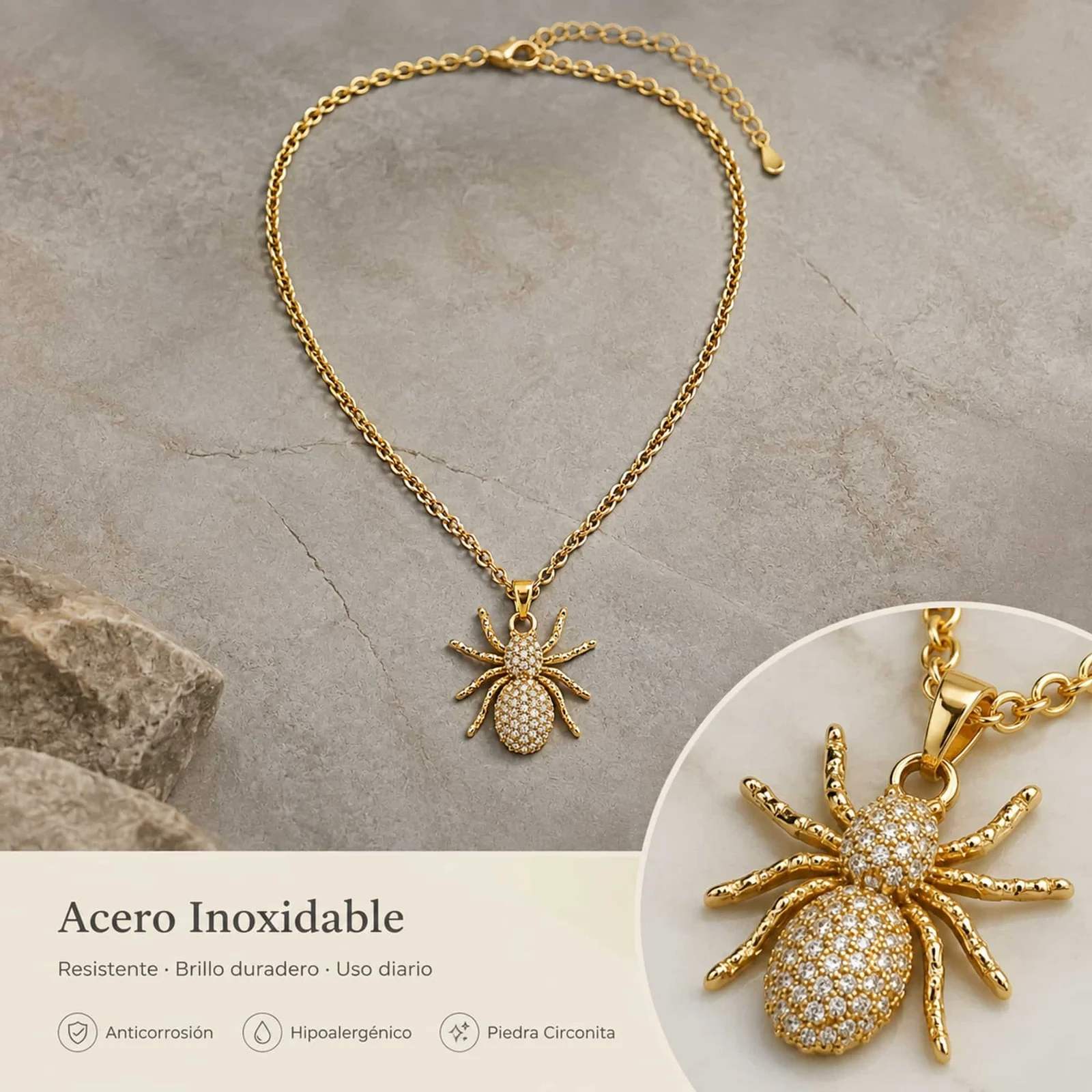 Colgangte Cobre con Circonita Colar Dorado y Cadena Acero