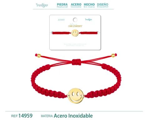 PULSERA HILO DESTINO  CON CARA SONRIENTE ACERO DORADO