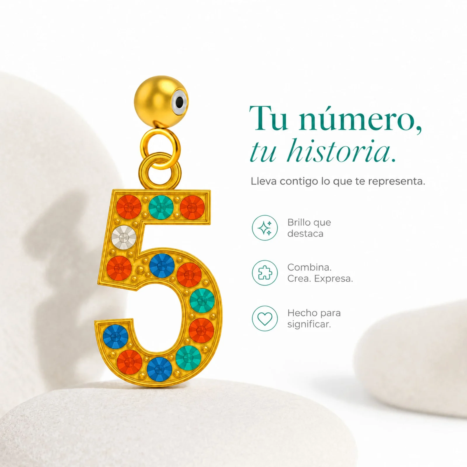 CHARM DE NÚMERO 5 ACERO COLOR DORADO CON CIRCONITA-CON BOLA DE GOMA