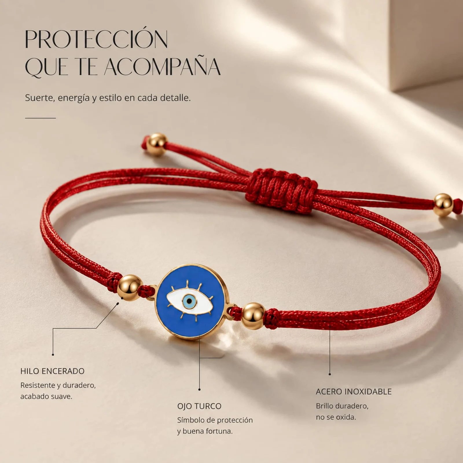Pulsera Hilo encerado Rojo CON OJO TURCO Dorado