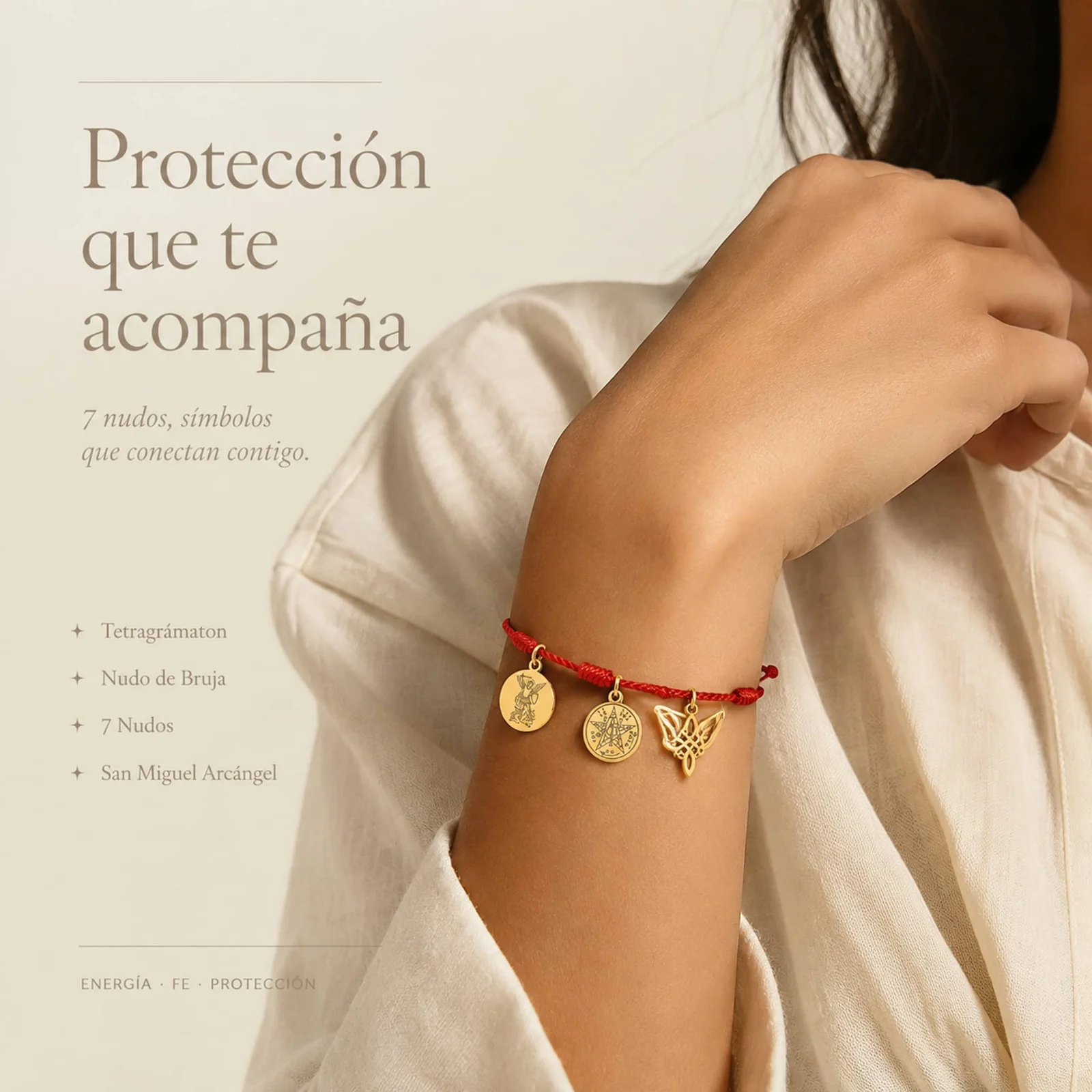PULSERA 7 NUDOS CON TETRAGRÁMATON  NUDO DE BRUJA Y SAN MIGUEL ARCÁNGEL ACERO DORADO