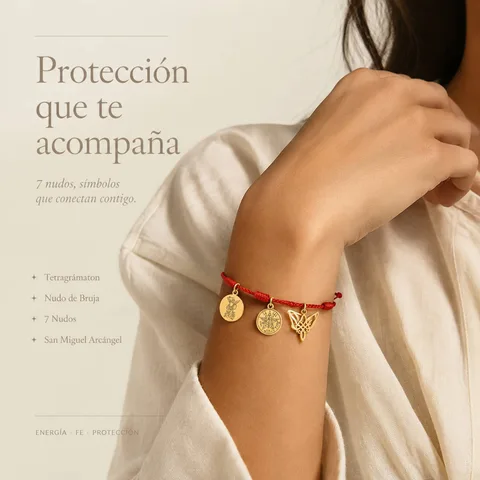 PULSERA 7 NUDOS CON TETRAGRÁMATON  NUDO DE BRUJA Y SAN MIGUEL ARCÁNGEL ACERO DORADO