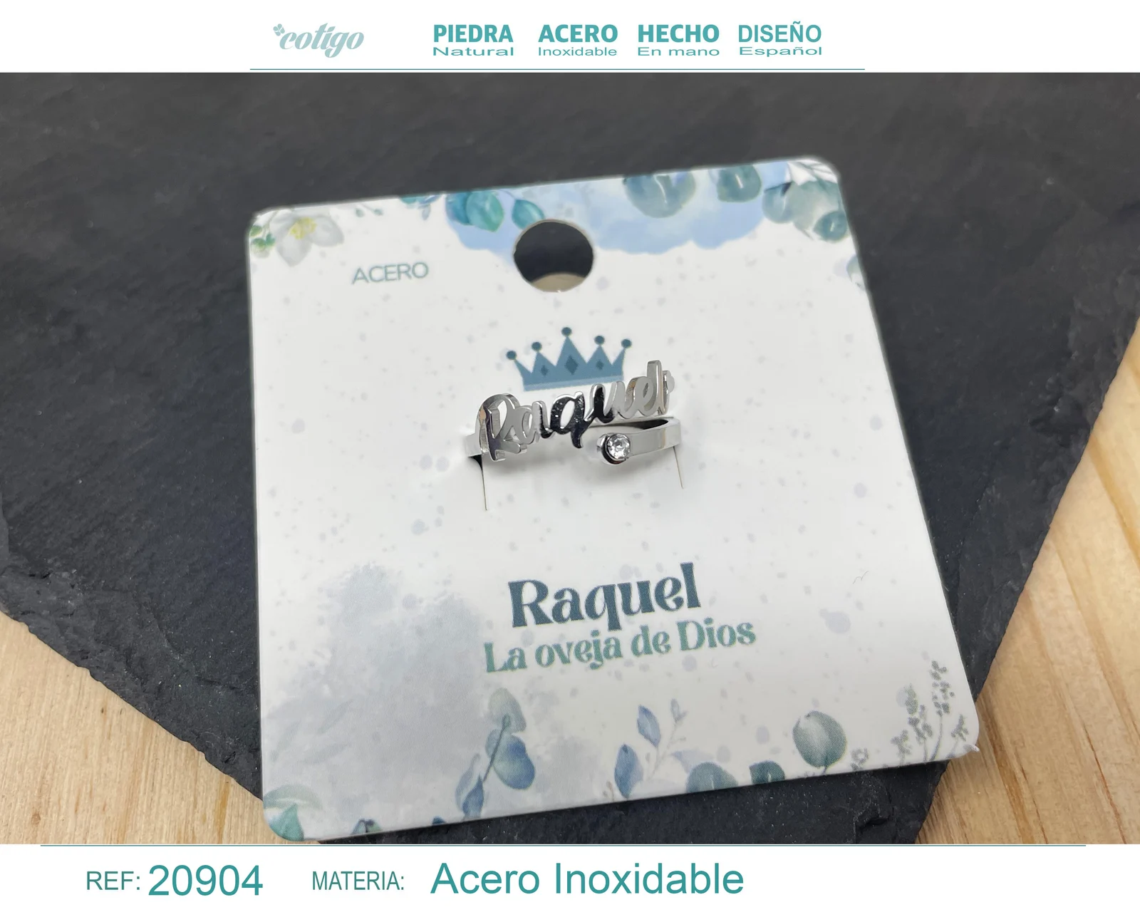 ANILLO NOMBRE RAQUEL ACERO COLOR PLATEADO