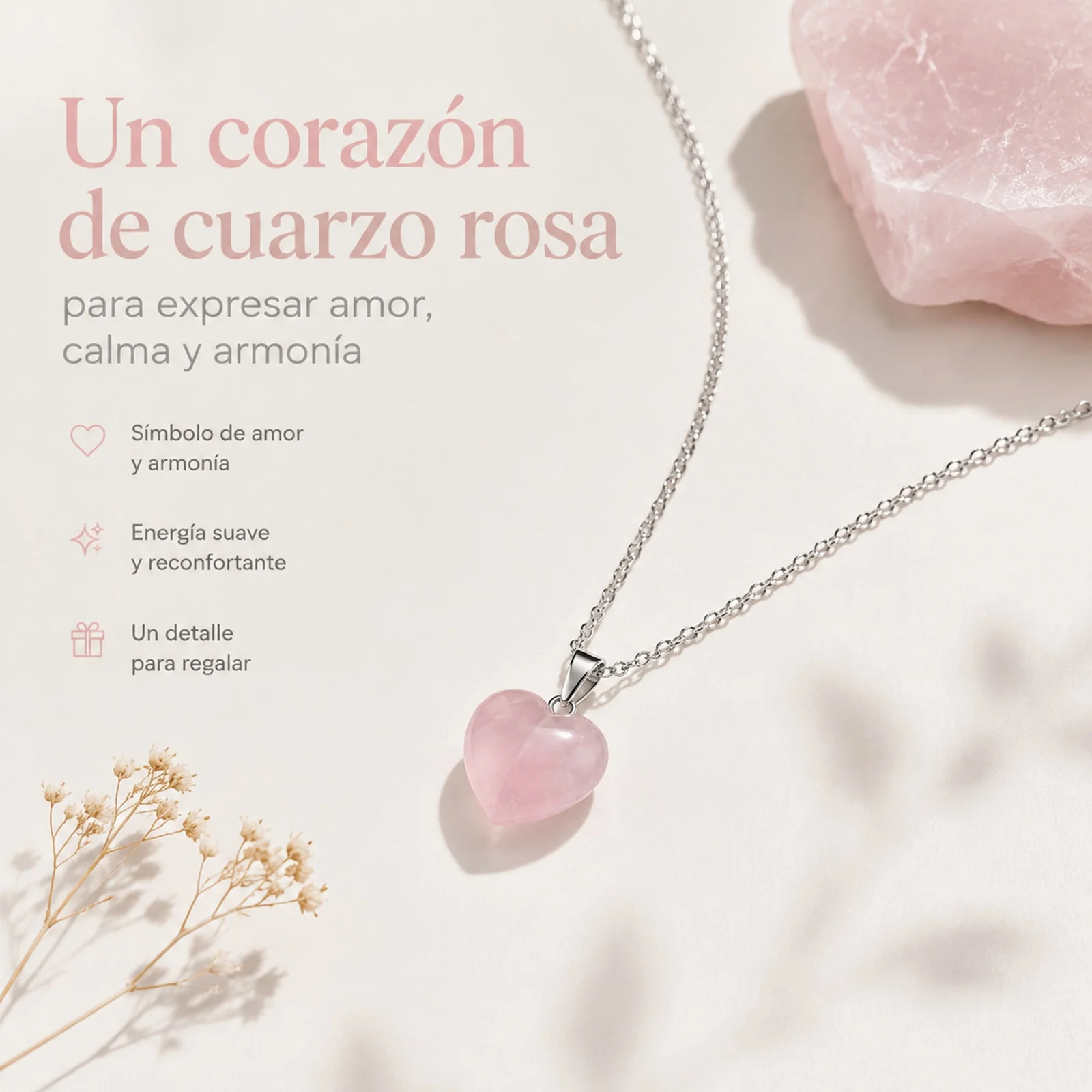 Colgante Piedra Cuarzo rosa con cadena Acero Inoxidable
