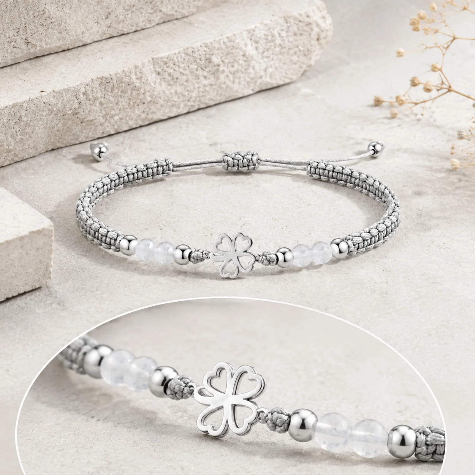 PULSERA HILO ENCERADO CON CUARZO BLANCO Y TRÉBOL DE SUERTE ACERO