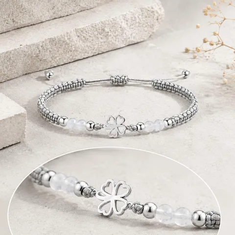 PULSERA HILO ENCERADO CON CUARZO BLANCO Y TRÉBOL DE SUERTE ACERO