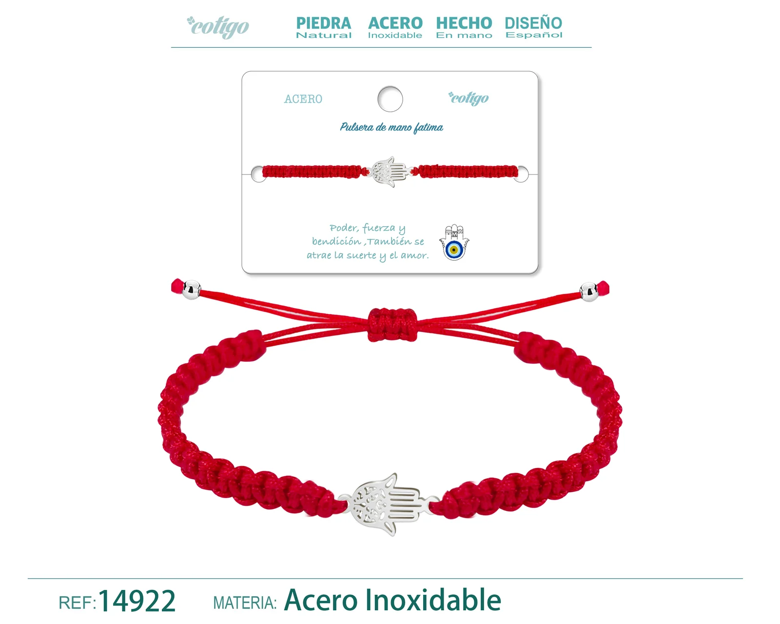 PULSERA HILO TRENZADOROJO-MANO FATIMA PLATEADO