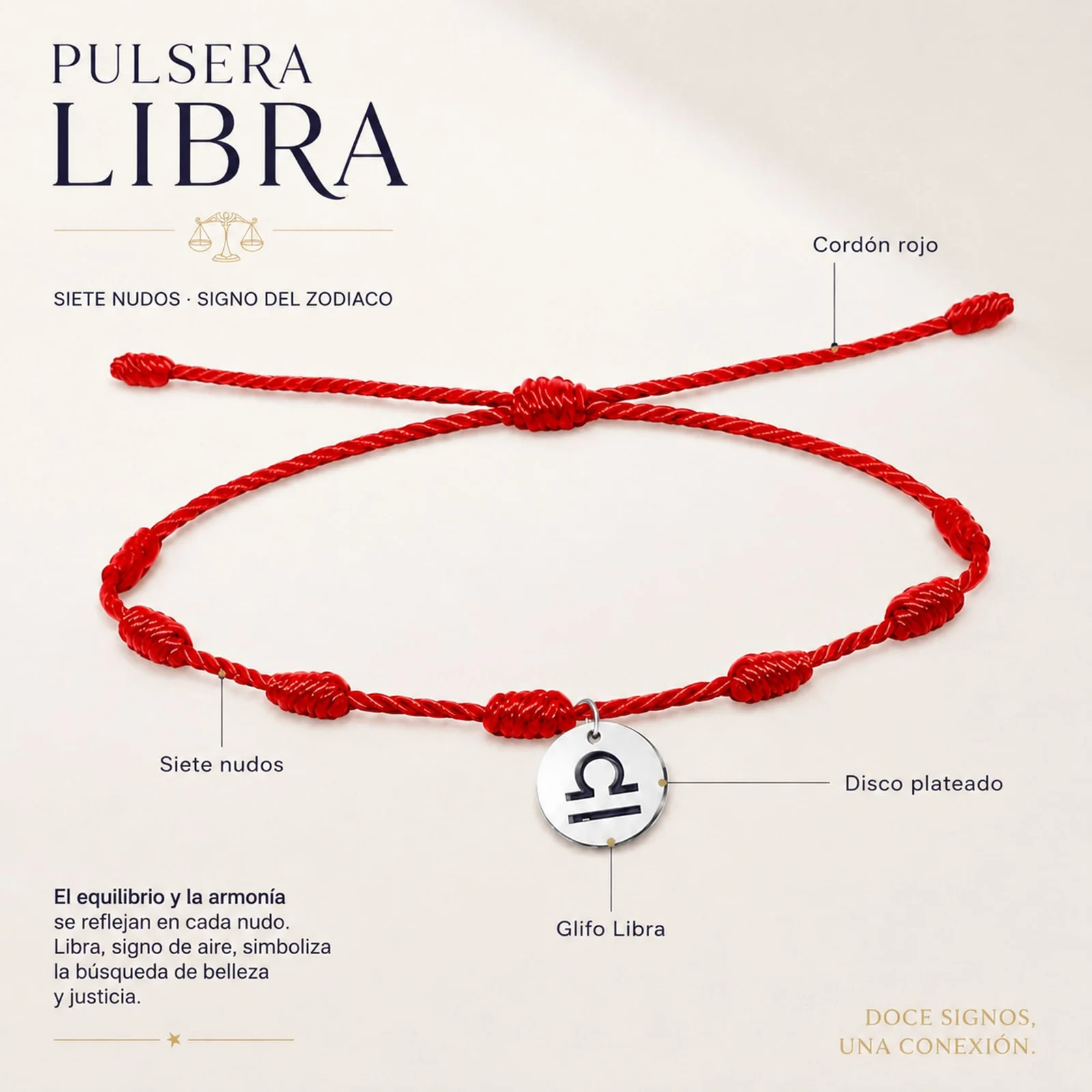 PULSERA 7 NUDOS CON LIBRA ACERO. COLOR PLATEADO