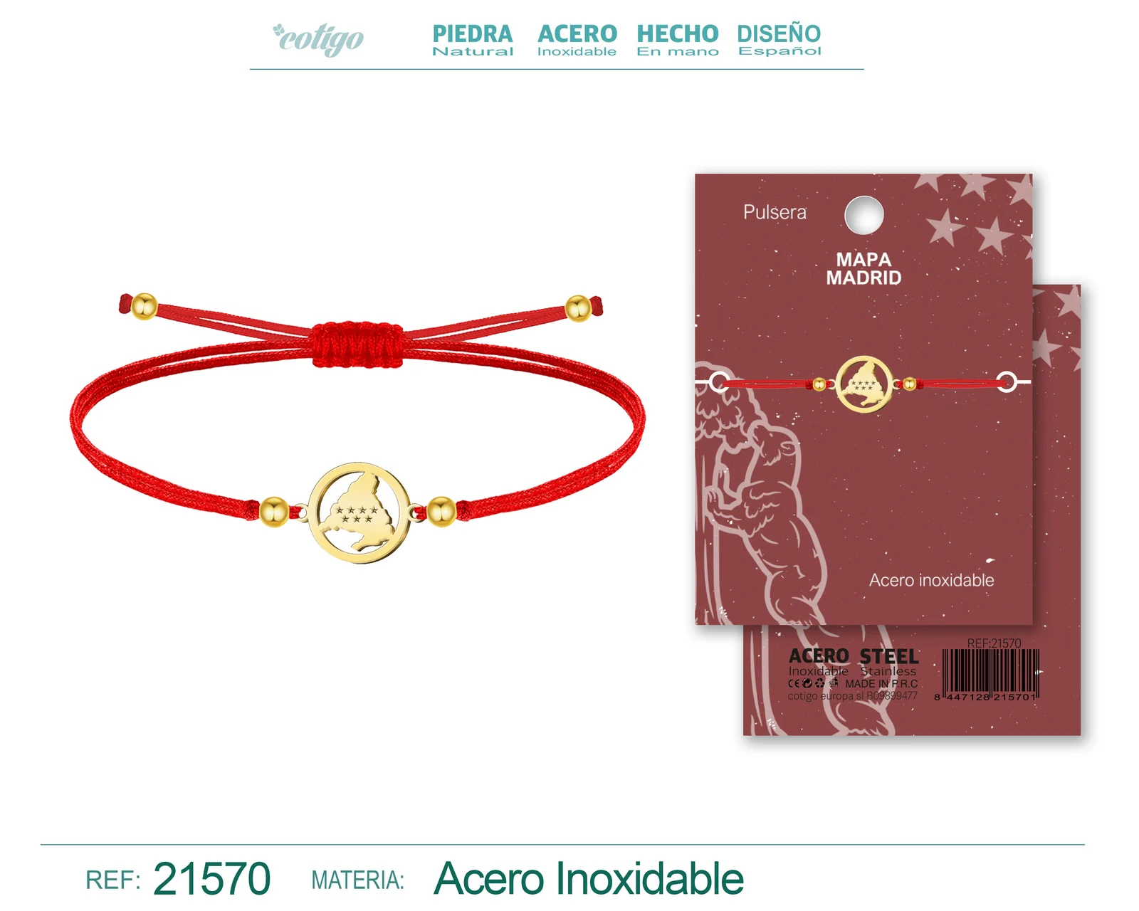PULSERA HILO ENCERADO CON MAPA DE MADRID ACERO DORADO