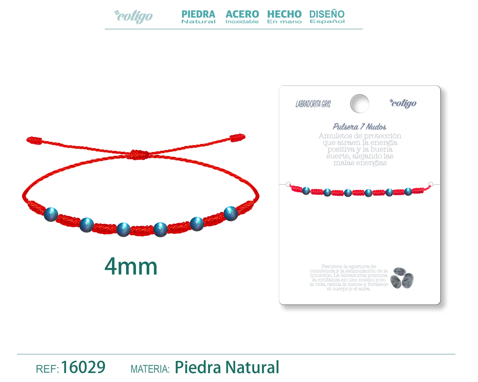 PULSERA 7 NUDOS CON  LABRADORITA GRIS 4MM