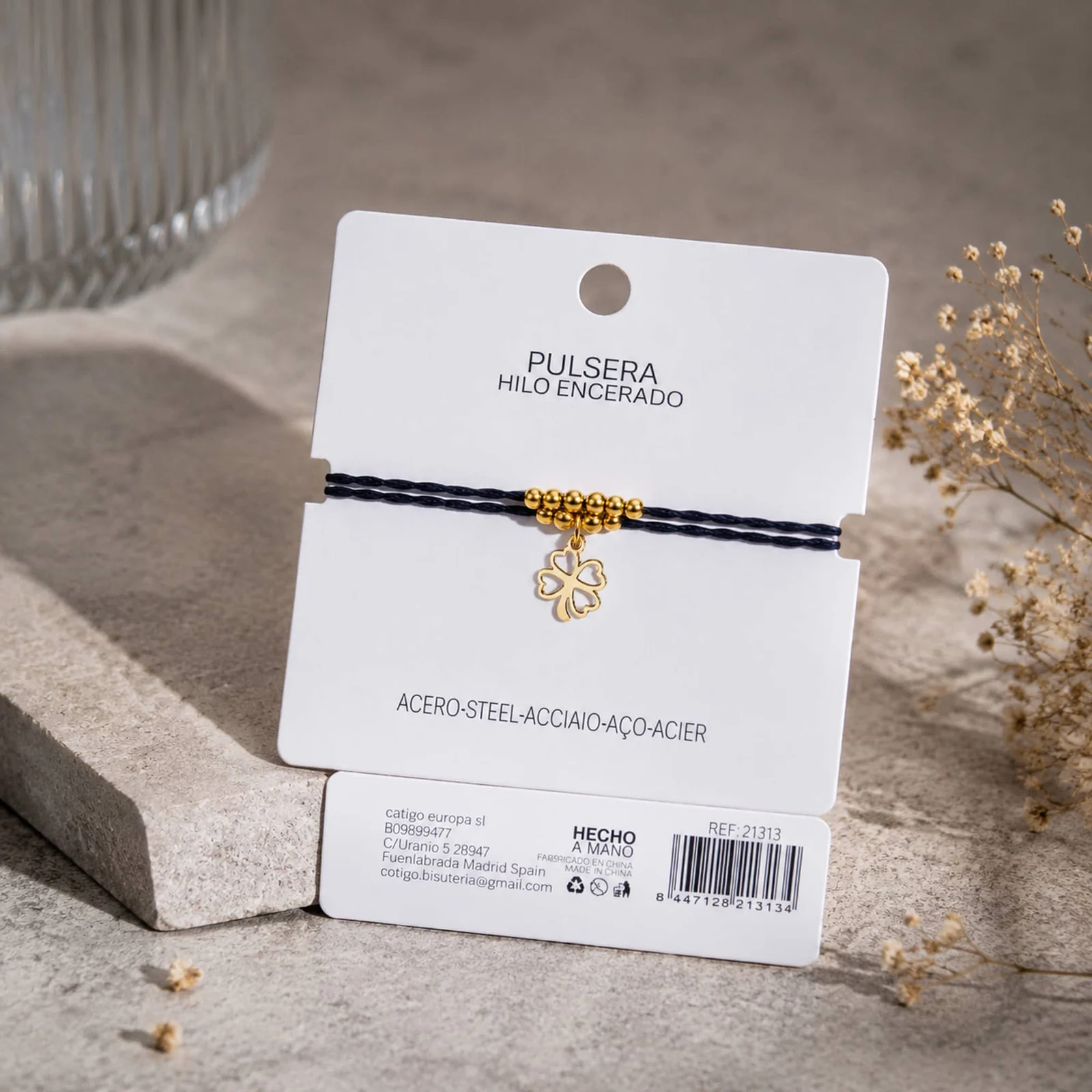PULSERA HILO ENCERADO CON COLGANTE TRÉBOL ACERO DORADO