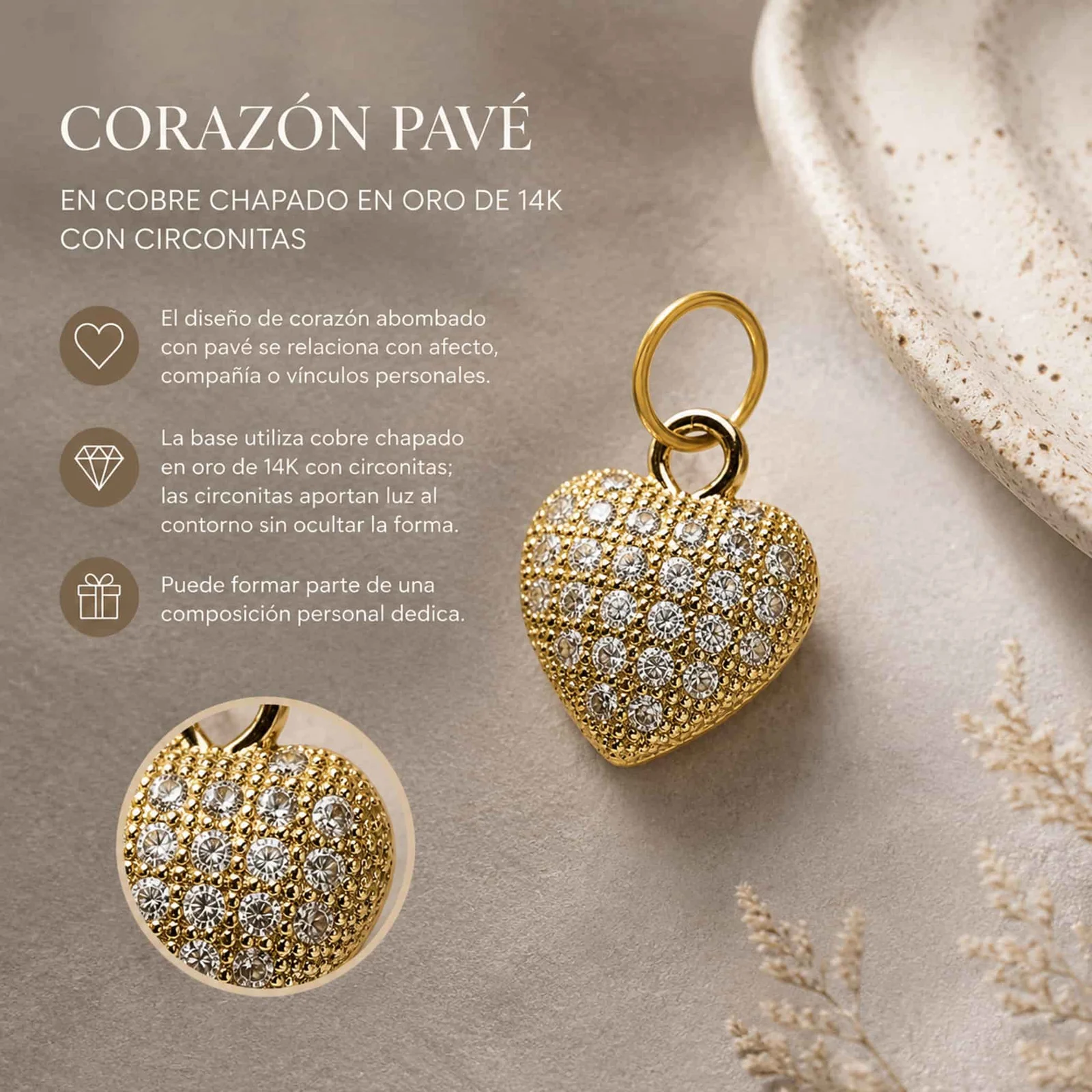 CHARM DE COBRE CHAPADO ORO 14K CON CIRCONITA