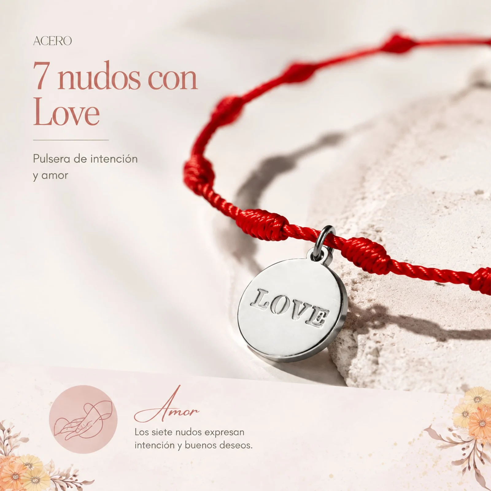 PULSERA 7 NUDOS CON LOVE COLOR PLATEADO