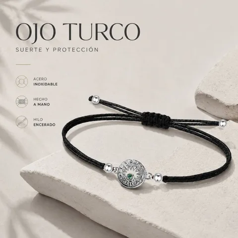 Pulsera Hilo encerado Negro CON OJO TURCO Plateado