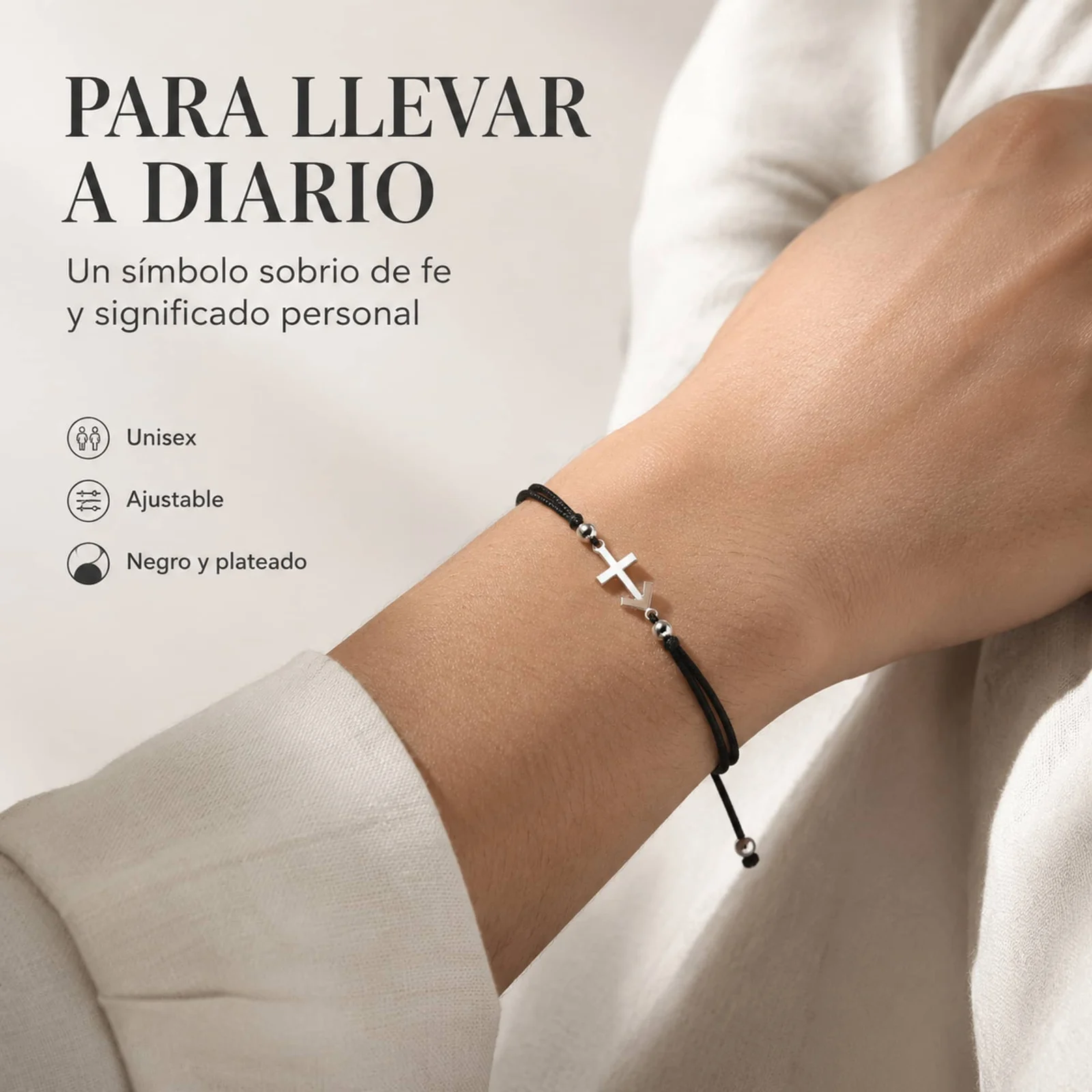 PULSERA CRUZ CONTRA EL MAL PLATEADO DE HILO EN.NEGRO