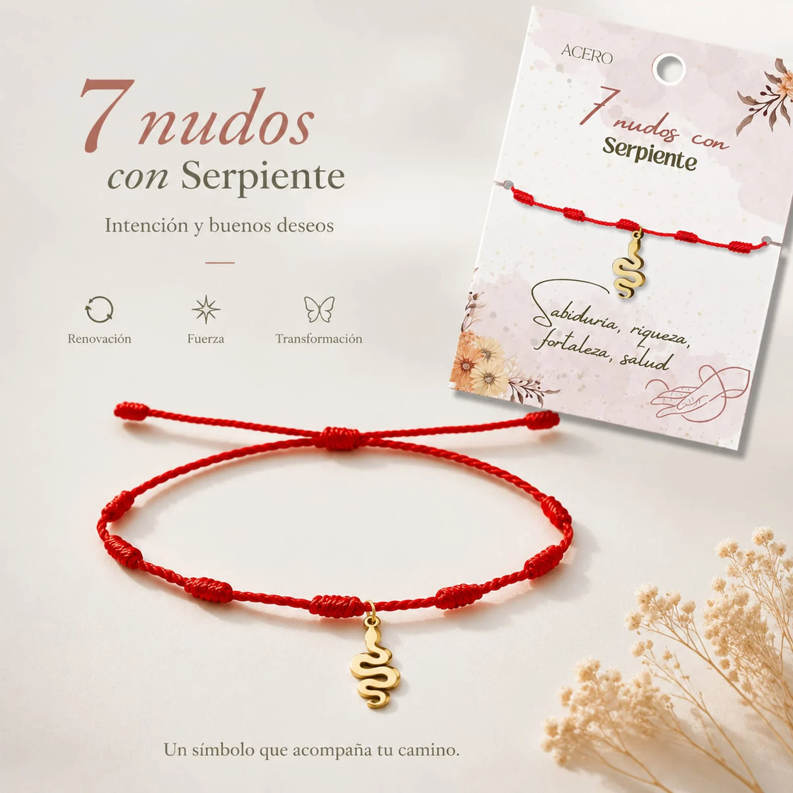 PULSERA 7 NUDOS CON SERPIENTE COLOR DORADO
