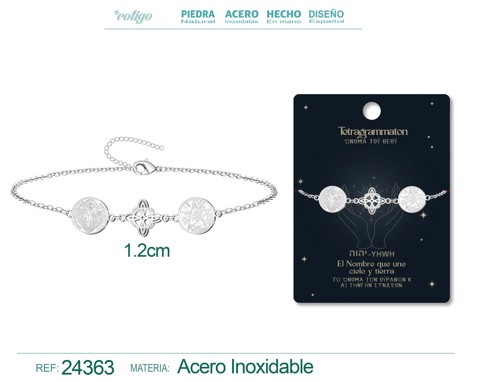 PULSERA DE TETRAGRAMATON + NUDO DE BRUJA + SAN BENITO ACERO PLATEADO
