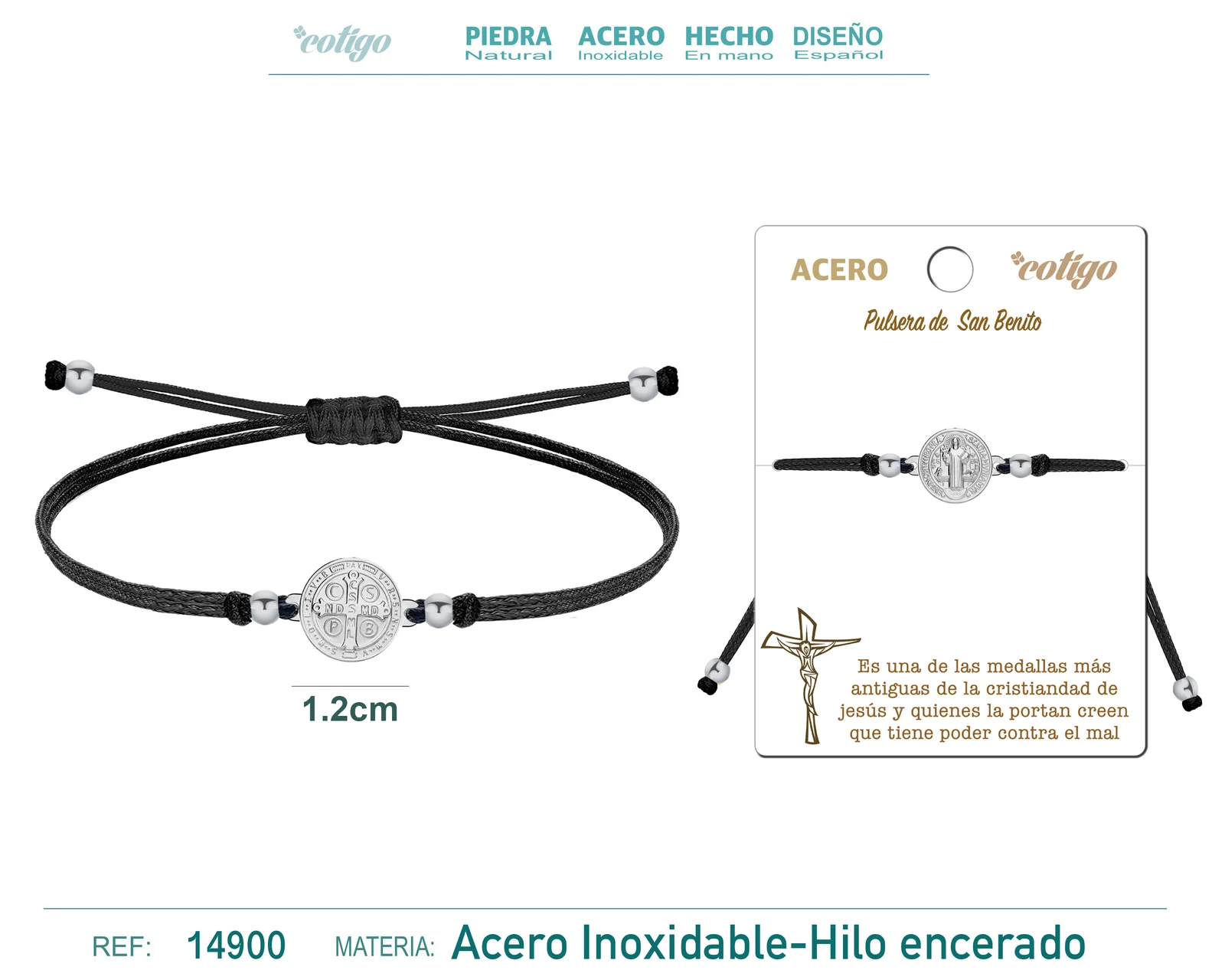 PULSERA HILO ENCERADO NEGRO-SANBENITO PLATEADO