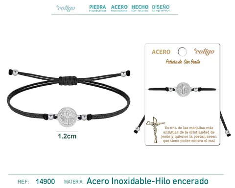 PULSERA HILO ENCERADO NEGRO-SANBENITO PLATEADO
