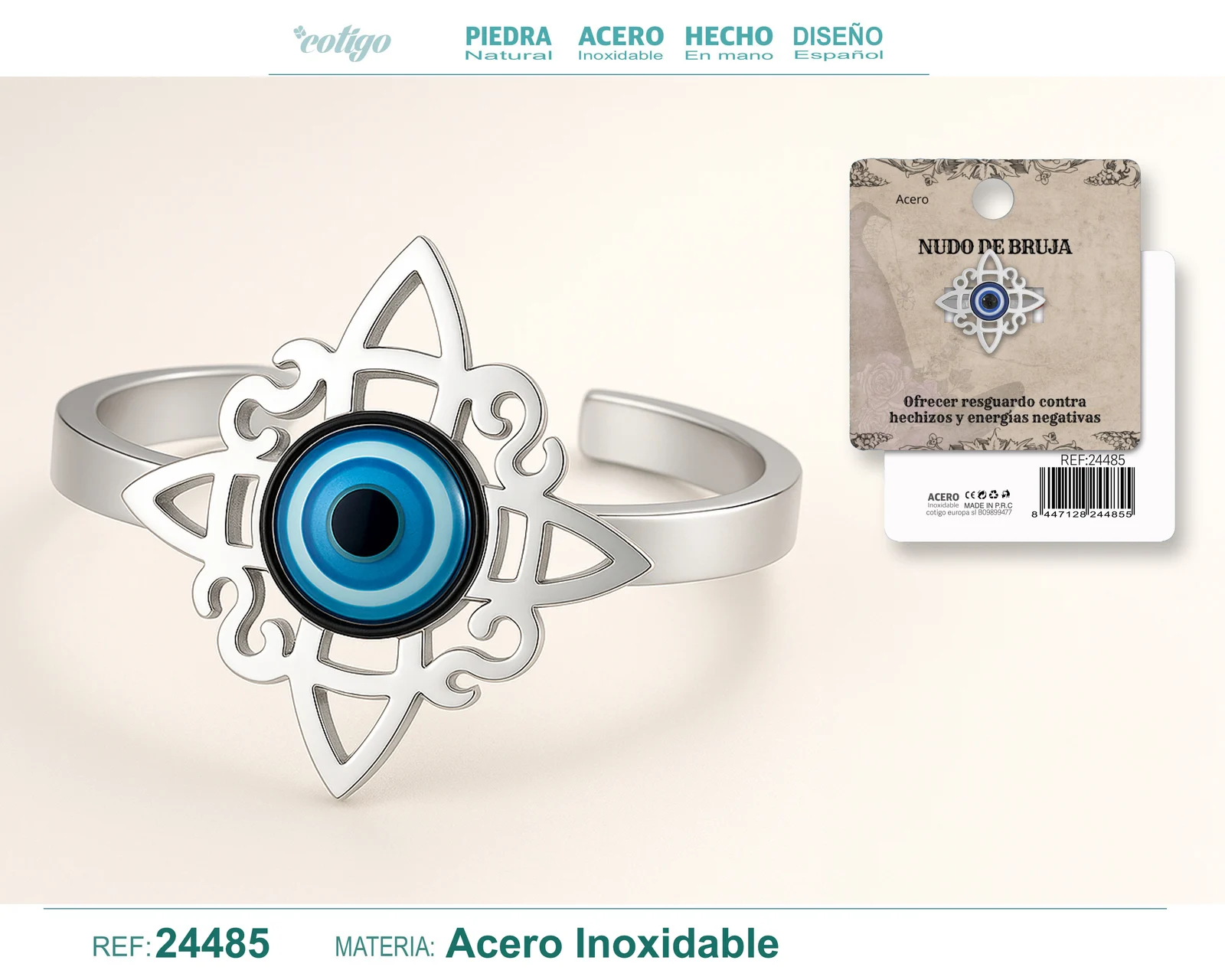 ANILLO NUDO DE BRUJA ACERO PLATEADO CON OJO DE TURCO