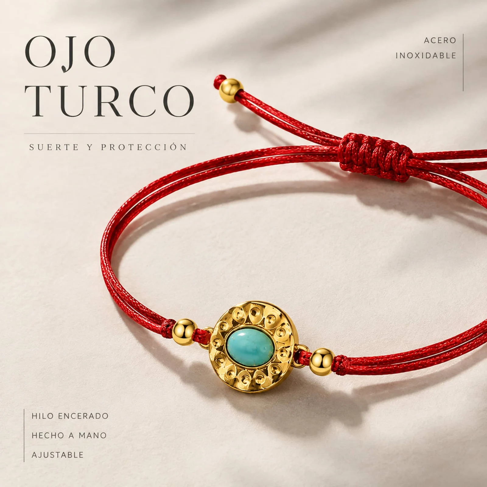 Pulsera Hilo encerado Rojo CON OJO TURCO Dorado