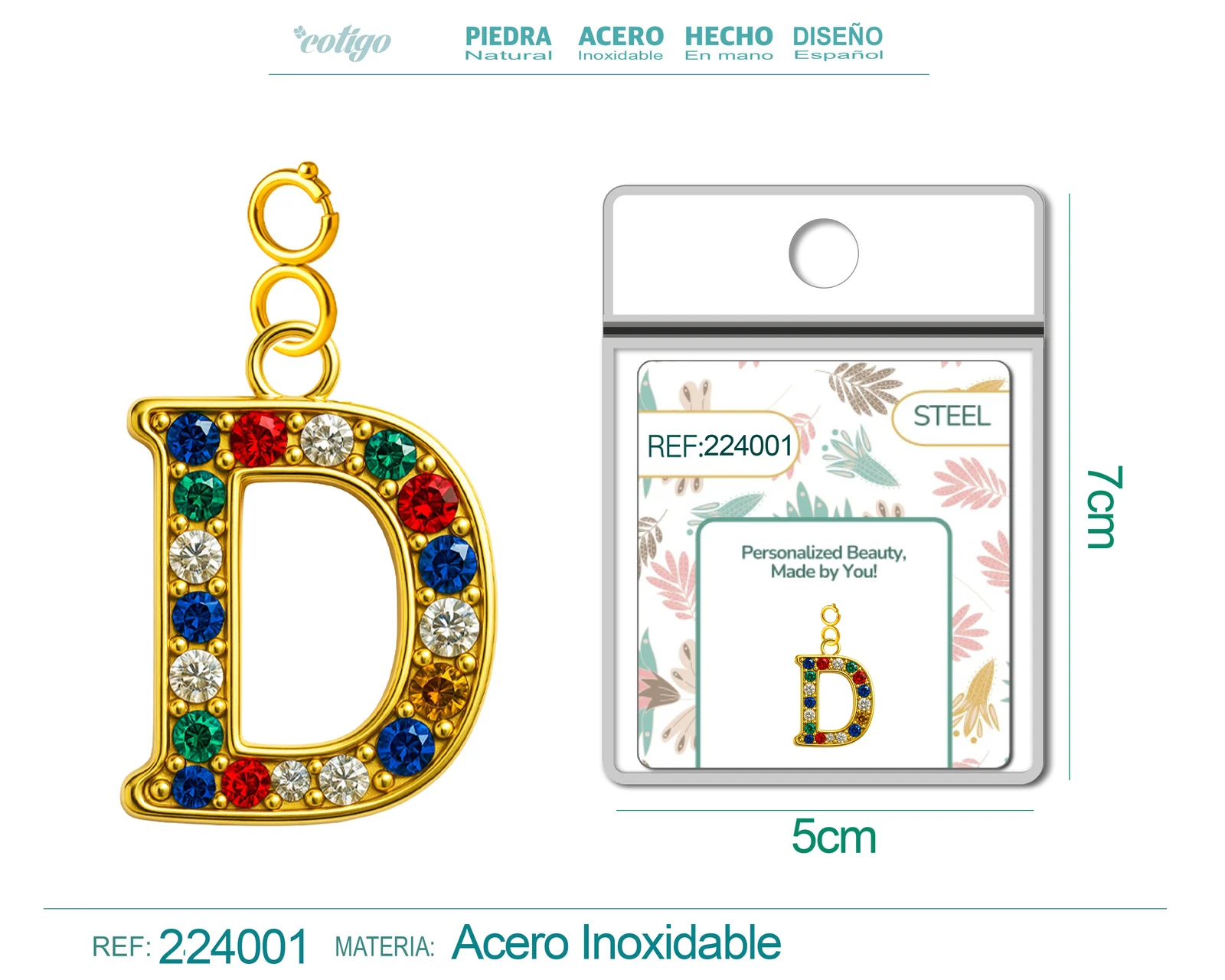 CHARM DE LETRA D ACERO COLOR DORADO CON CIRCONITA-CON CIERRE