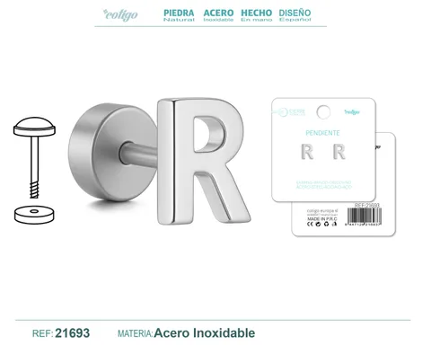 PENDIENTE ACERO  LETRA R COLOR PLATEADO CON CIERRE ROSCA