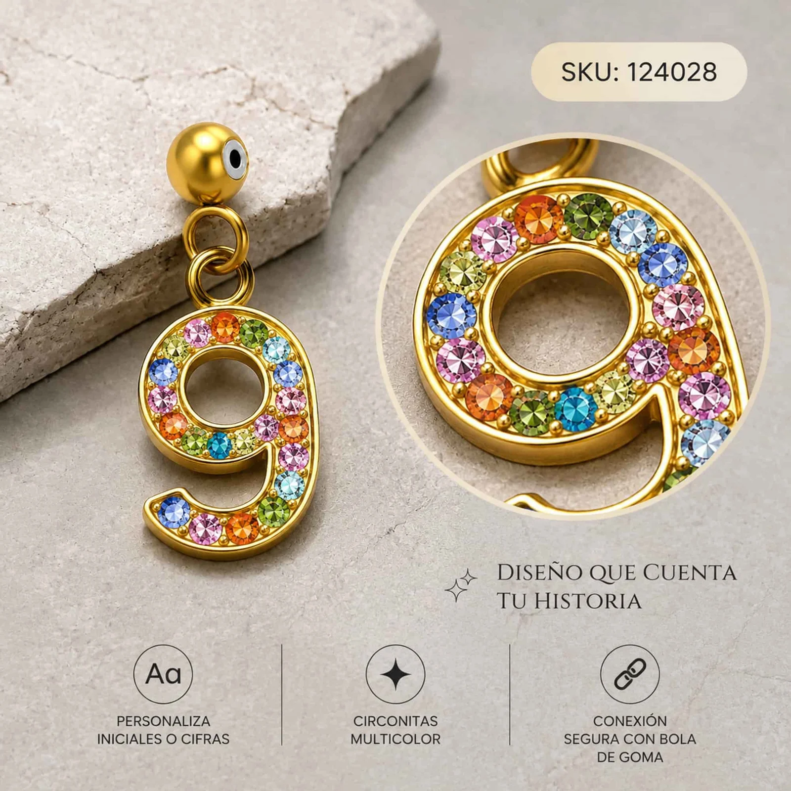 CHARM DE NÚMERO 9 ACERO COLOR DORADO CON CIRCONITA-CON BOLA DE GOMA