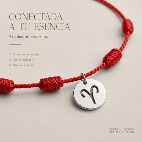 PULSERA 7 NUDOS CON ARIES ACERO. COLOR PLATEADO