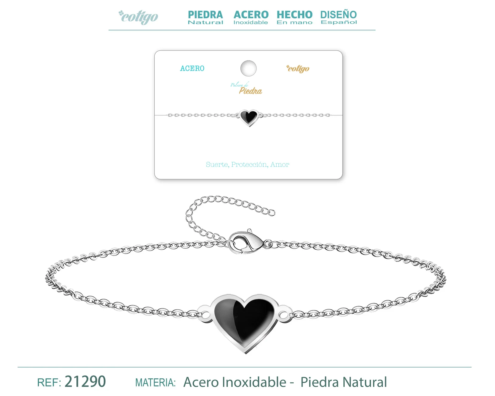 PULSERA CORAZON AGATA NEGRA PLATEADO