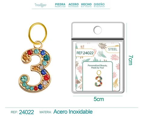 CHARM DE NÚMERO 3 ACERO COLOR DORADO CON CIRCONITA