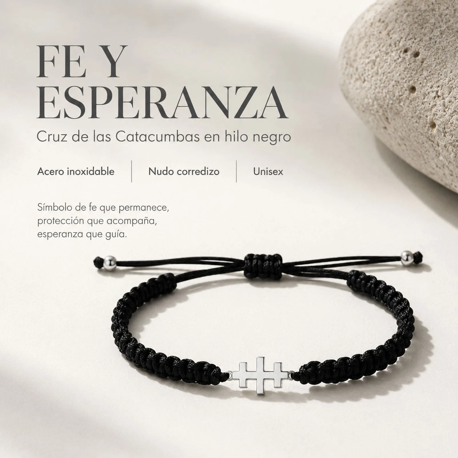 PULSERA HILO DESTINO  CON CRUZ CATACUMBAS ACERO PLATEADO