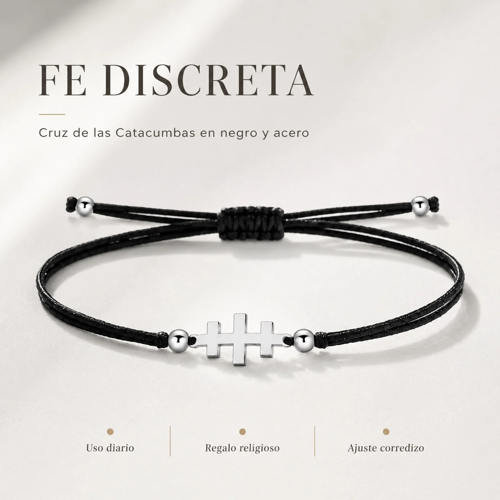PULSERA CRUZ CATACUMBAS PLATEADO DE HILO EN.NEGRO