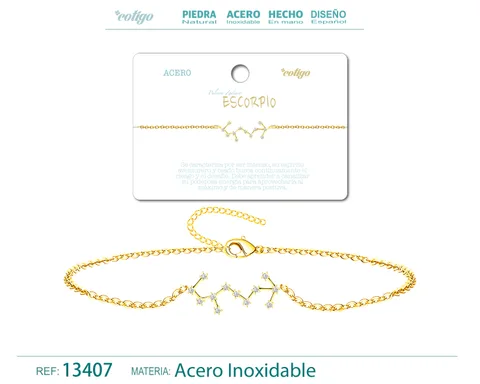 PULSERA MAPA ESTELAR DEL ZODIACO ESCORPIO DORADO CON STRAS