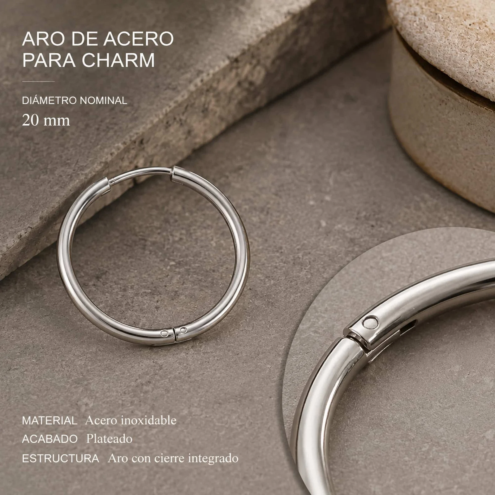 PENDIENTE DE ARO ACERO 20MM COLOR PLATEADO PARA CHARM