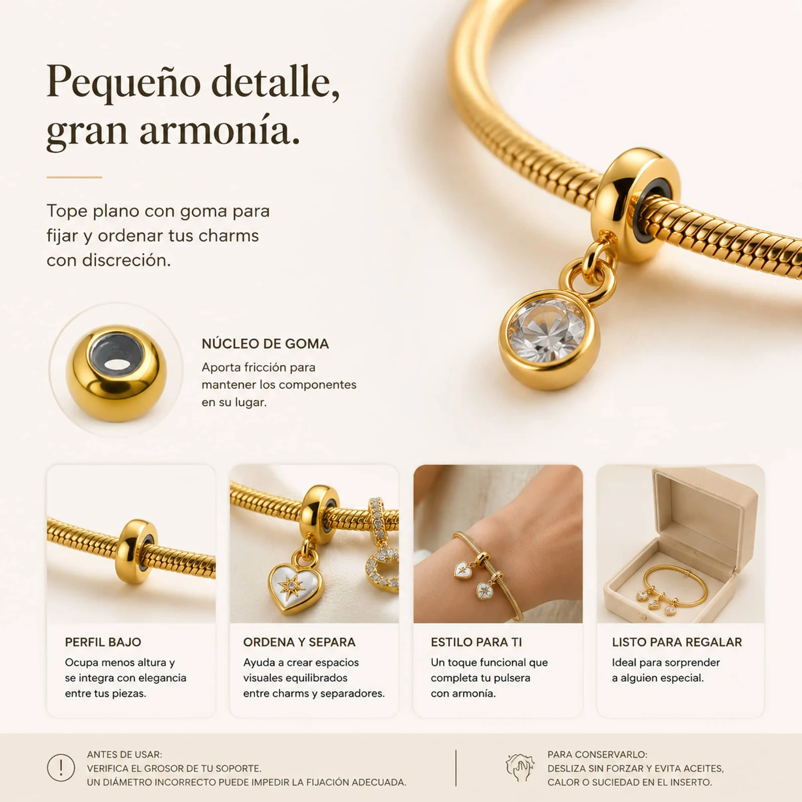 BOLA PLANO 6MM ACERO DORADO CON GOMA PARA FIJAR CHARM EN CADENA DE SERPIENTE
