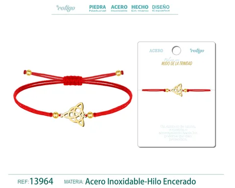 PULSERA NUDO DE LA TRINIDAD DORADO DE HILO EN.ROJO